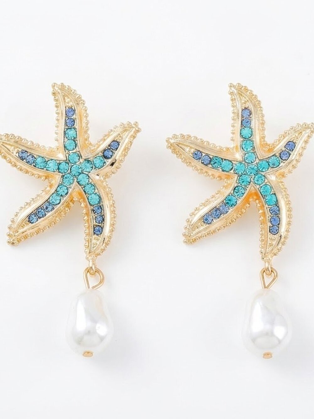 🆕 Blue Crystal Starfish & Pearl Dangle Earrings Coastal Beach Style NWOT